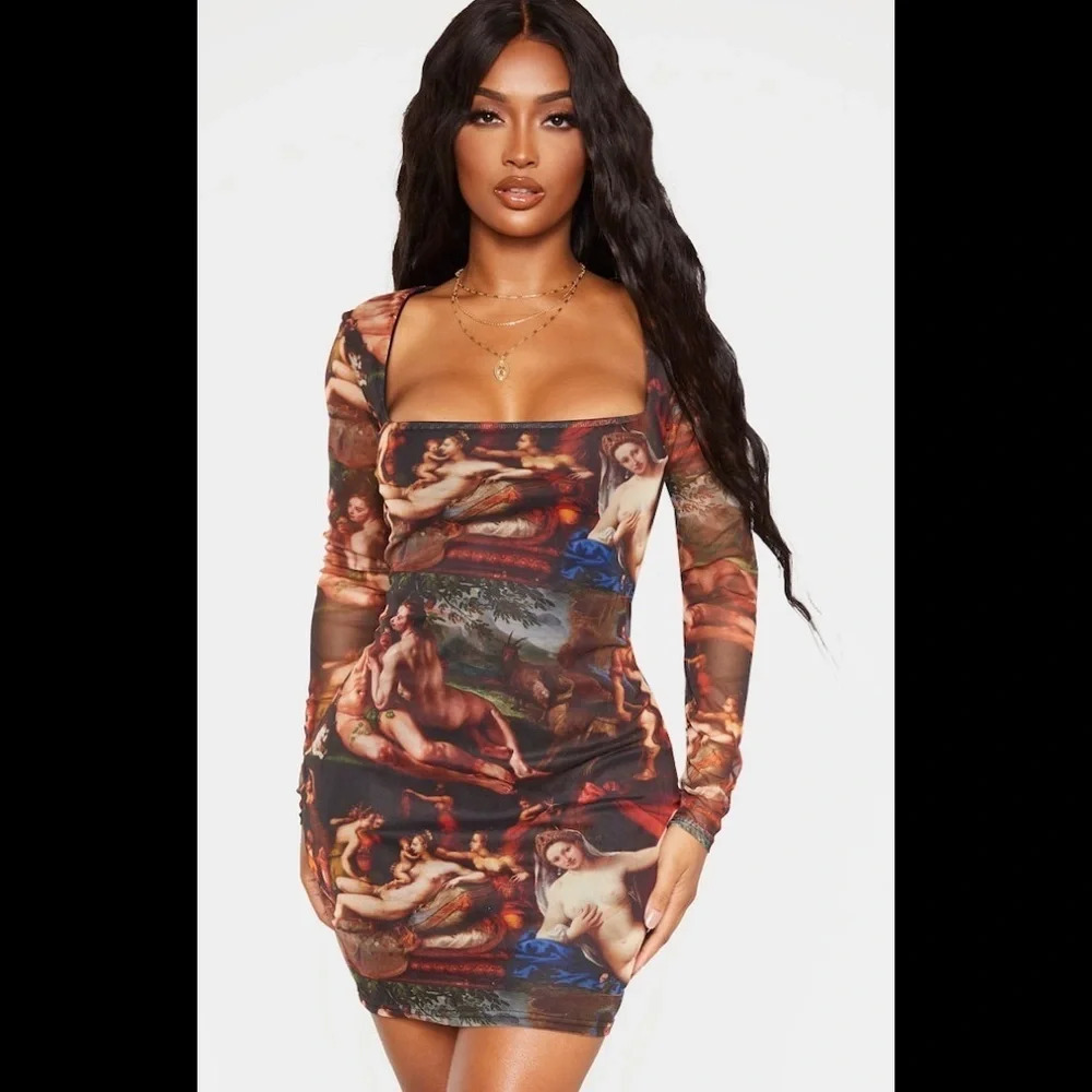 Plt Shape Multi Renaissance Print Mesh Square Neck Bodycon Dress, Size 10, NWOT - Picture 2 of 11